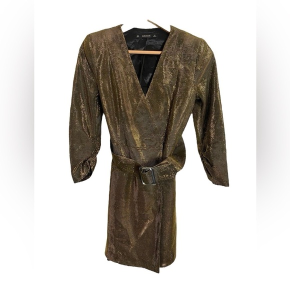 ZARA WRAP STYLE GOLD BELTED METALLIC THREAD BLAZER DRESS V NECK S - Picture 2 of 8